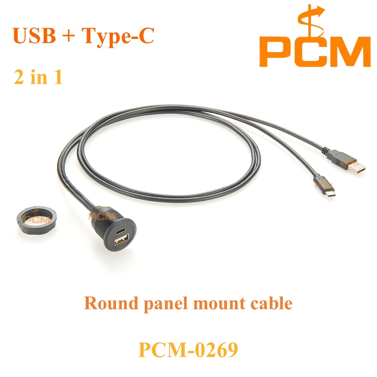 Round Panel Mount USB 2.0 and Type-C Dual Port Cable Flush Mount Extension for Car Dash Boat Marine and Industrial Patch panel