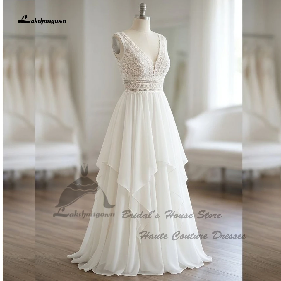 Lakshmigown Vintage Chiffon Strand-Hochzeitskleider 2027 Zivile Boho-Brautkleider mit Rüschen, V-Ausschnitt, Spitzenoberteil, Maßanfertigung – Detail 4