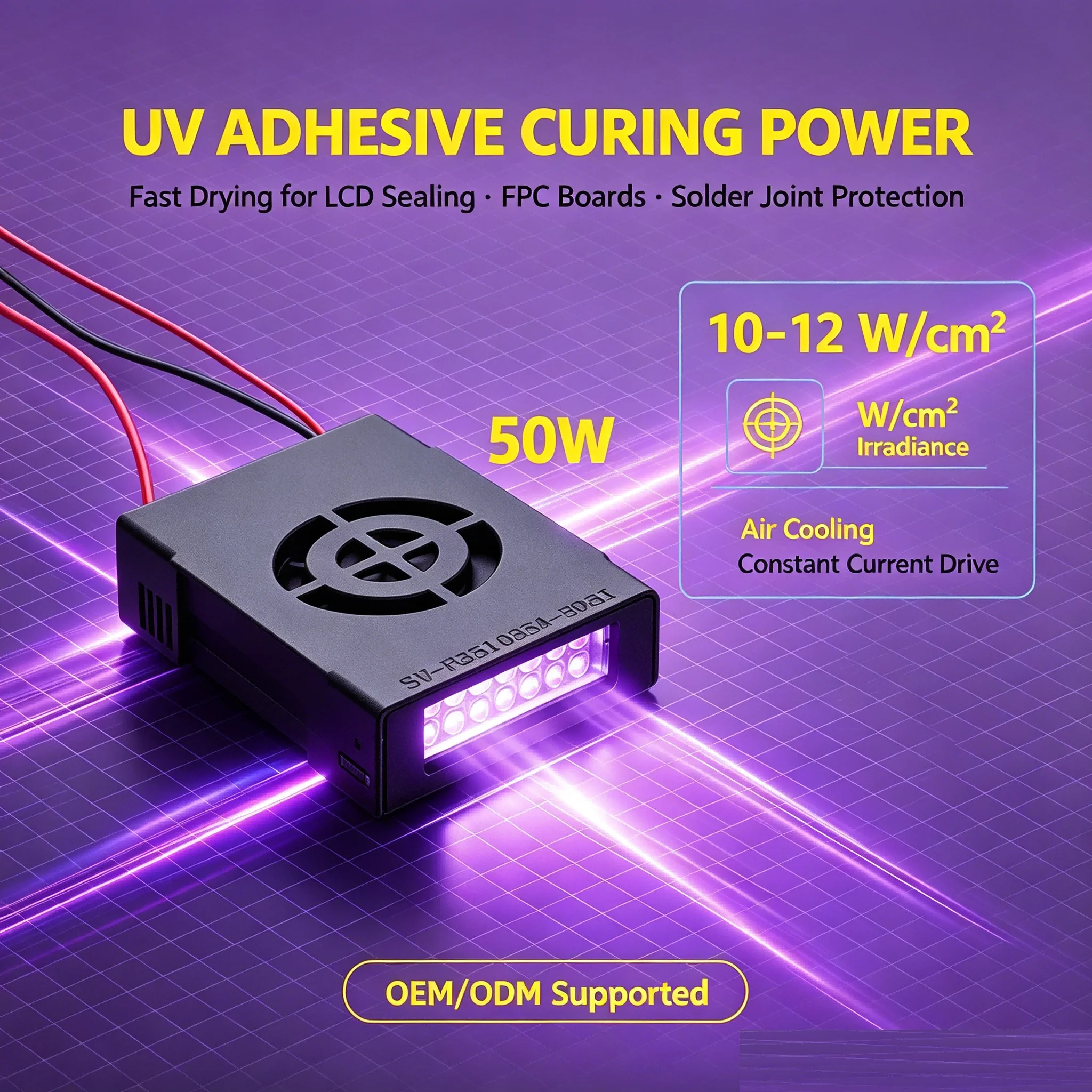 DC 22V 50W Air Cooled UV LED Curing Lamp 360-420nm for Inkjet Pre-Curing Adhesive Drying LCD Sealing FPC Board