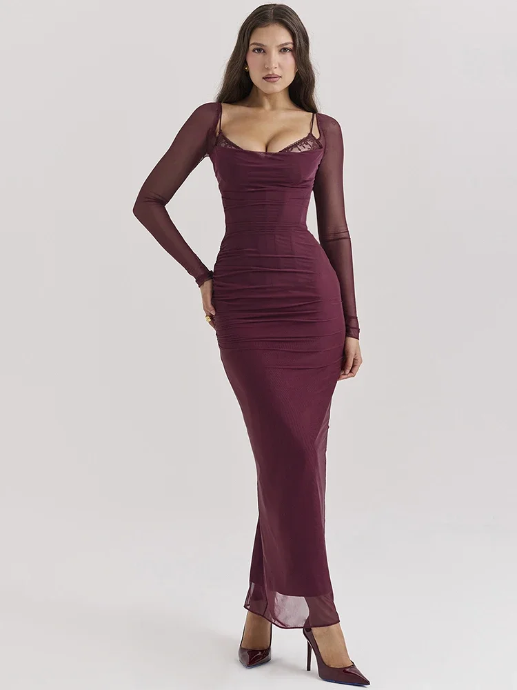 Mozision Elegancka sukienka z długim rękawem Sexy Maxi Dress For Women Fashion Mesh Strapless Backless Club Party Sexy Long Dress 2024 — zdjęcie 2