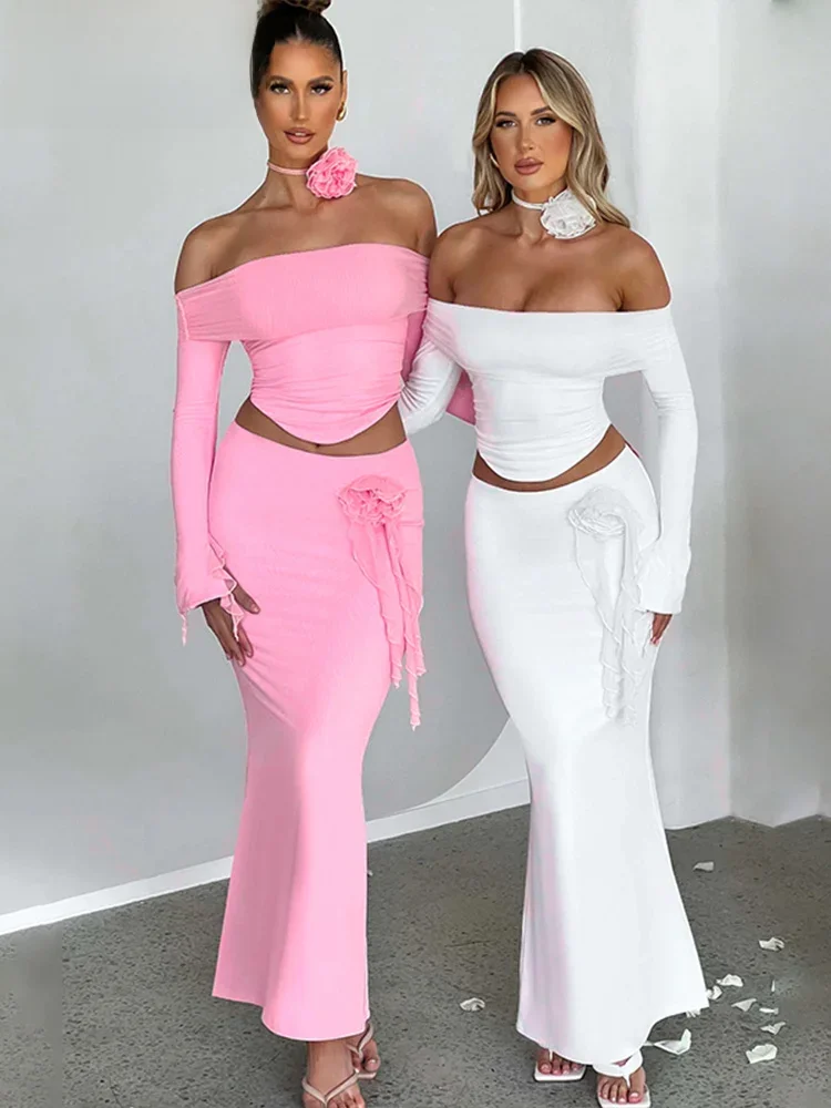 Dulzura Dopasowany garnitur Akcesoria na szyję Kwiat 3D Długi rękaw na ramiączkach Crop Top Frędzle Spódnica Maxi 2024 Jesień Kobiety — zdjęcie 2