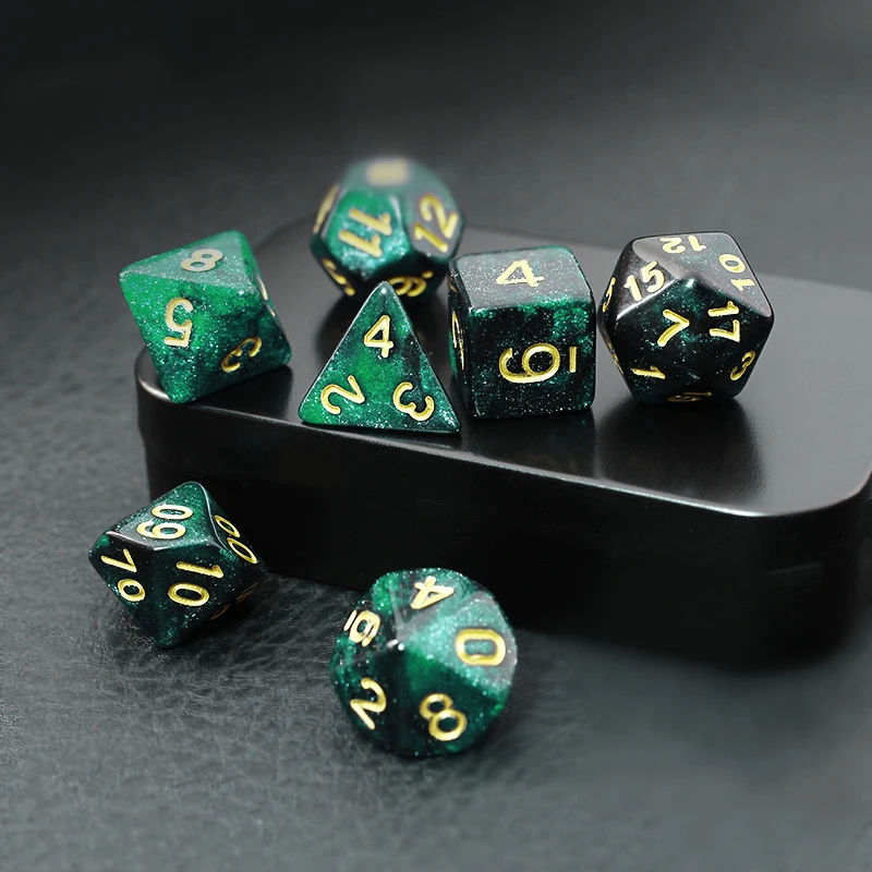 Juego de dados de galaxia de cielo estrellado verde y negro, dados D & D COC D4 D6 D8 D10 D % D12 D20, juegos de mesa DND RPG, 7 piezas por juego