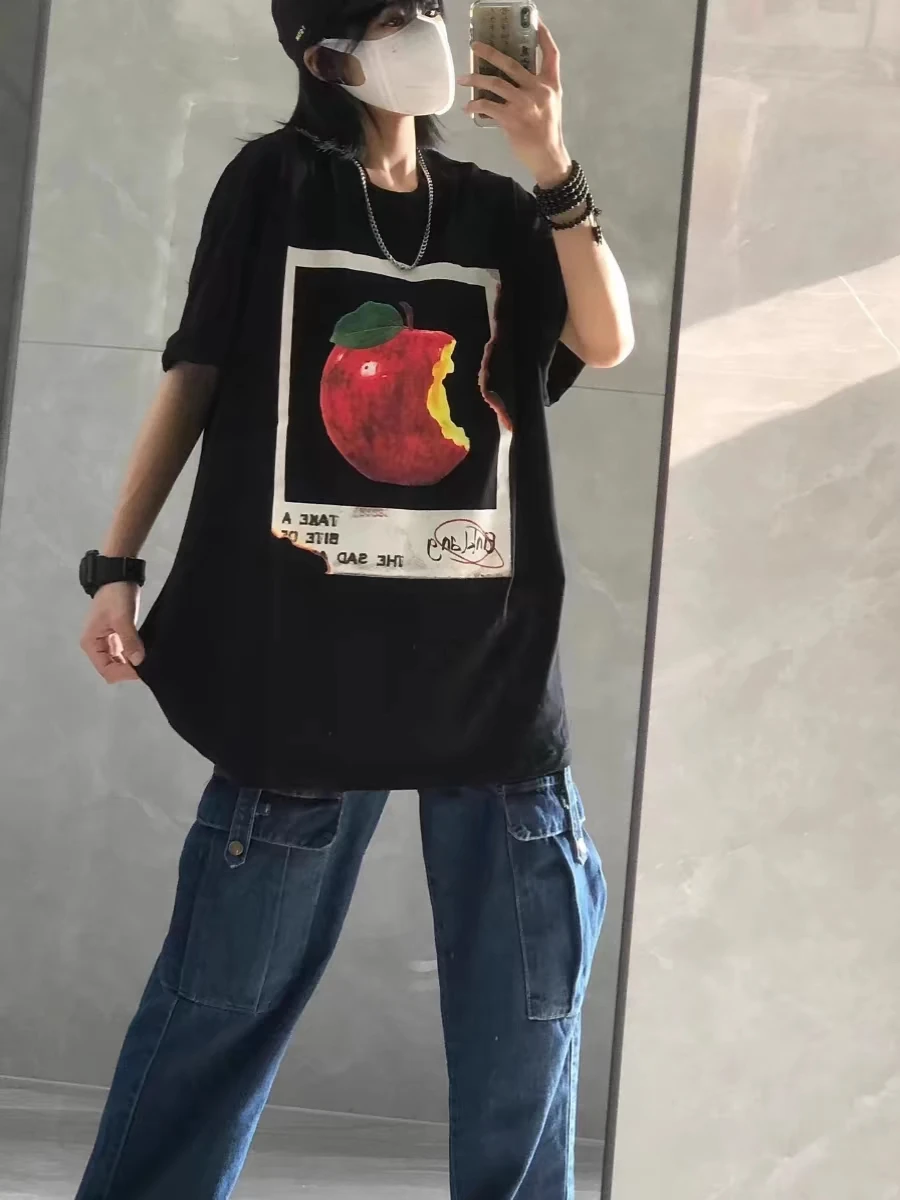 

Летняя одежда в стиле Харадзюку с принтом яблока, корейские женские футболки с круглым вырезом, футболка с короткими рукавами, уличная модная повседневная женская одежда