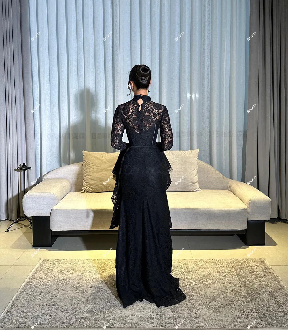 Booma Black Mermaid Evening Dresses Full Sleeves Lace Formal Occasion Gowns for Women Floor Length Party Prom Dress Dubai