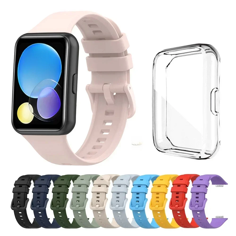 Bracelet en Silicone pour Huawei Watch Fit 2 Fit2, accessoires de remplacement + étui de protection Transparent en TPU