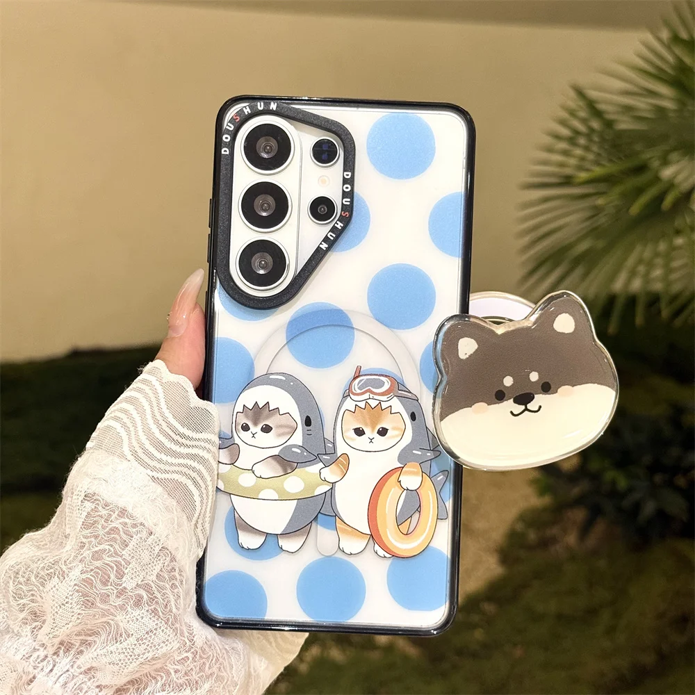 Cute Shark Cat Cartoon Magnetic phone case Samsung S24 S25 S26 Ultra S25 plus S24 Ultra Case With Hand Strap Shockproof Cover