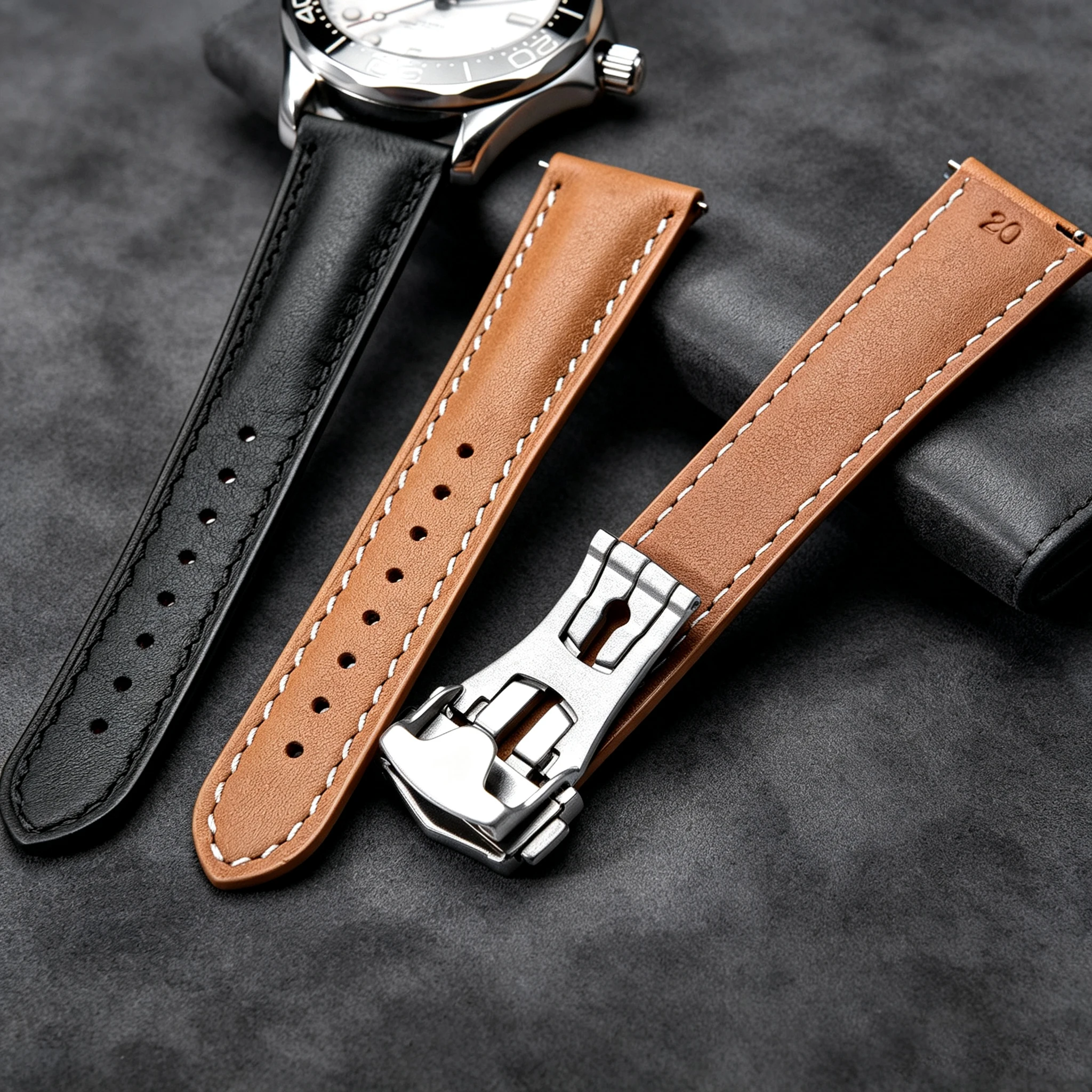 BUSLUO Leather Watch Strap Butterfly Clasp Bracelet 20mm 22mm Stitching Cow Watch Strap for Seiko Omega Quick Release Bracelet