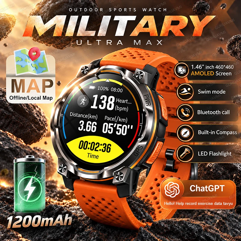 New GPS Outdoor Offline Map Navigation Smart Watch 1200mAh Battery AMOLED Compass Altimeter 170+ Sport Waterproof Smartwatch Men