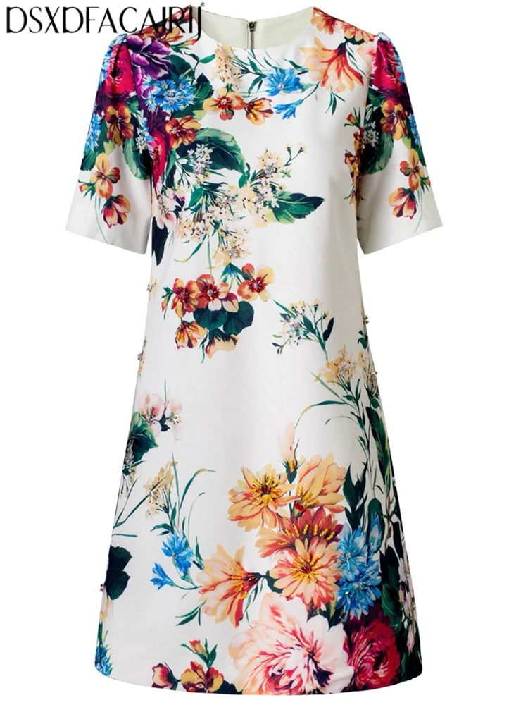 

DSFACAIRIJ Women's Classic Style Exquisite Print Mini Dresses O-Neck Short Sleeves Beading Sequins Summer