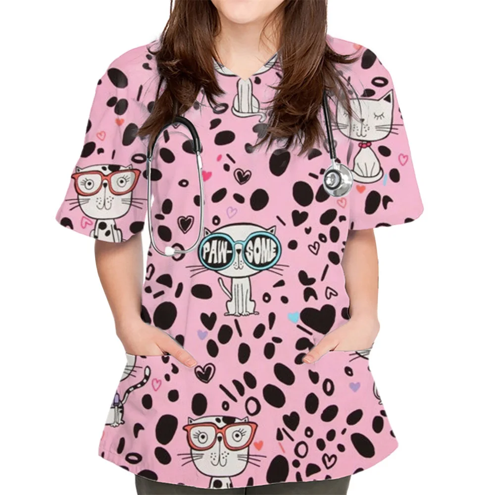 Cat Prints Cartoon Scrub Tops para Mulheres, Finos Uniformes De Enfermeira, Camisetas De Manga Curta, Túnica De Saúde, Tops De Decote Em V