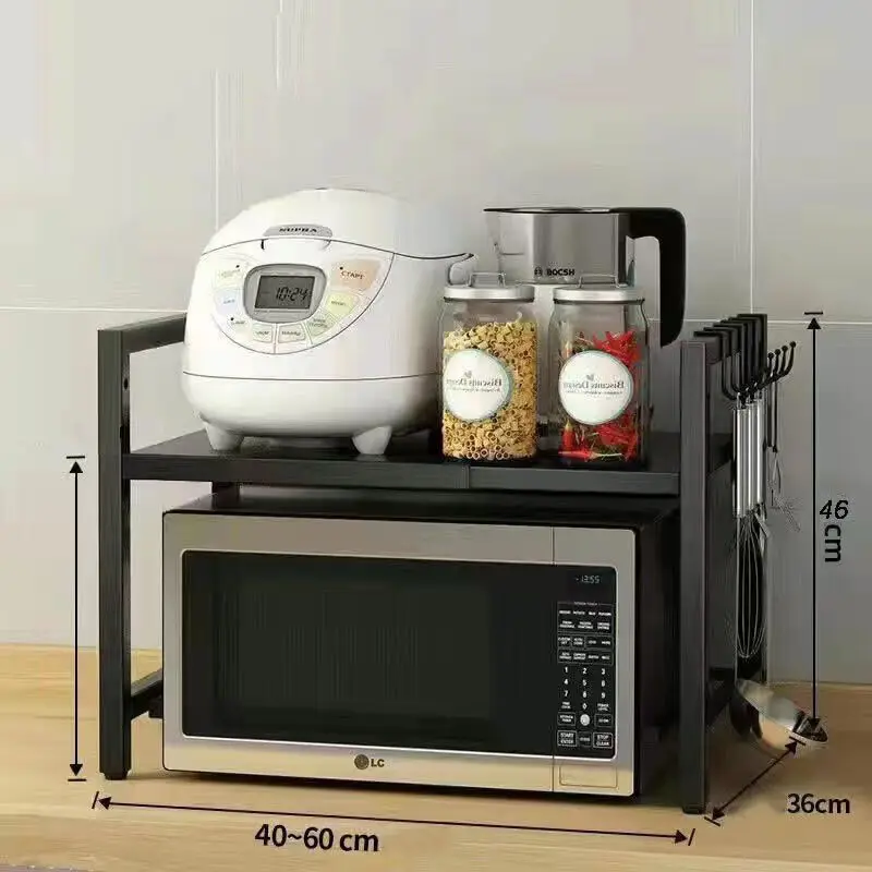 Étagère de Micro-Ondes Noire 1 Niveau, Support de Rangement de Cuisine Extensible avec Double Barre et 6 Crochets, Rallonge d'Évier pour Gagner de l'Espace