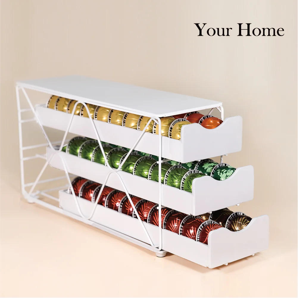 YourHome Coffee Pod Capsule Storage 3 Tiers Iron Drawer 60 PCS White Multi Capsule Compatiable Dispenser Holder