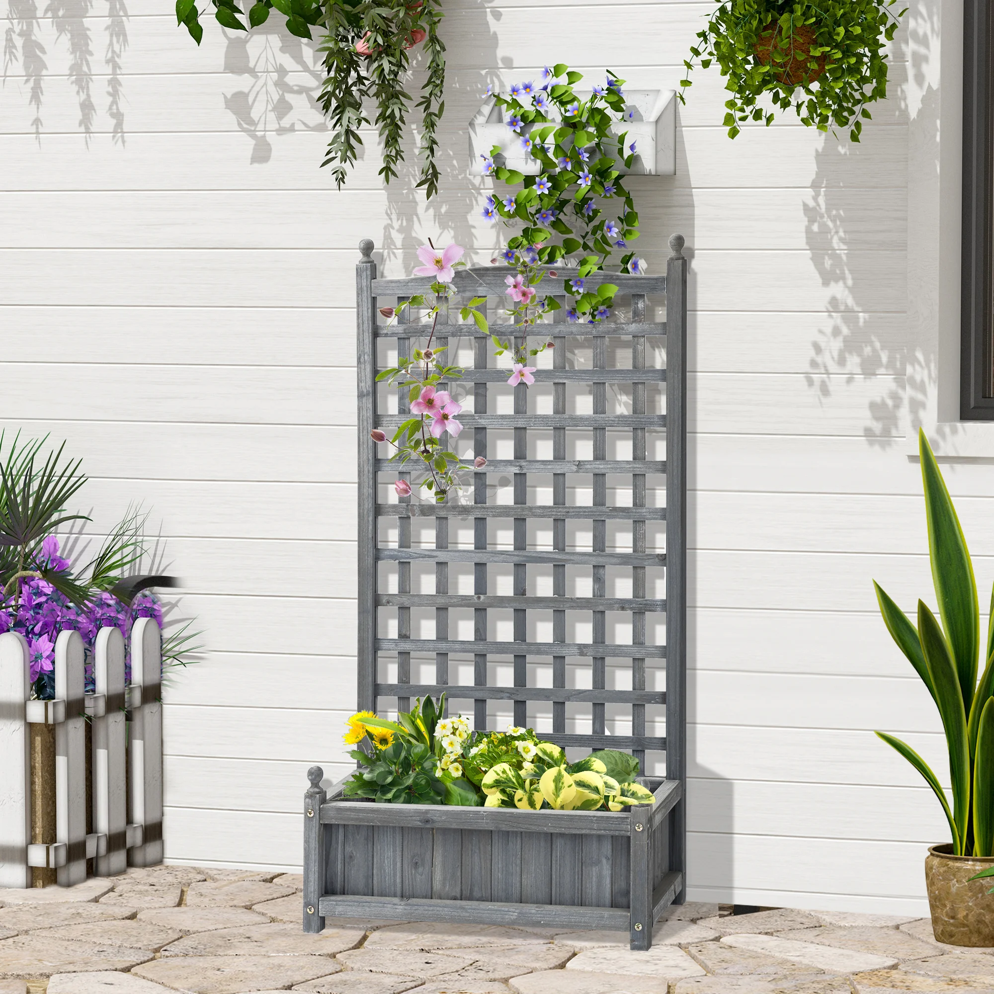 Jardinière avec treillis 120 cm de haut, lit de culture surélevé en bois gris clair pour plantes grimpantes, pot de fleurs intérieur/extérieur