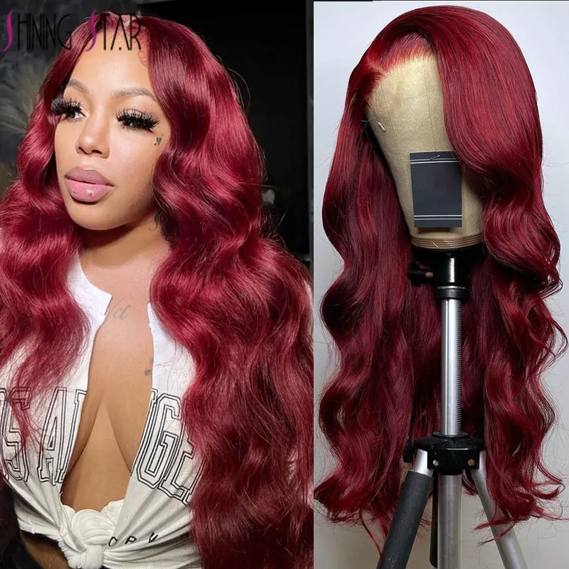 

99J Red Lace Front Human Hair Wigs Colored Body Wave Burgundy 13X6 Transparent Lace Frontal Closure Wig Glueless Wigs For Women