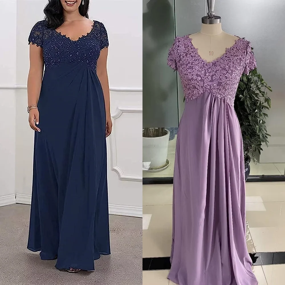 15575# Elegant V Neck Short Sleeves Maxi Mother Of The Bride Dress With Appliques Chiffon Wedding Party Guest Prom Evening Gown