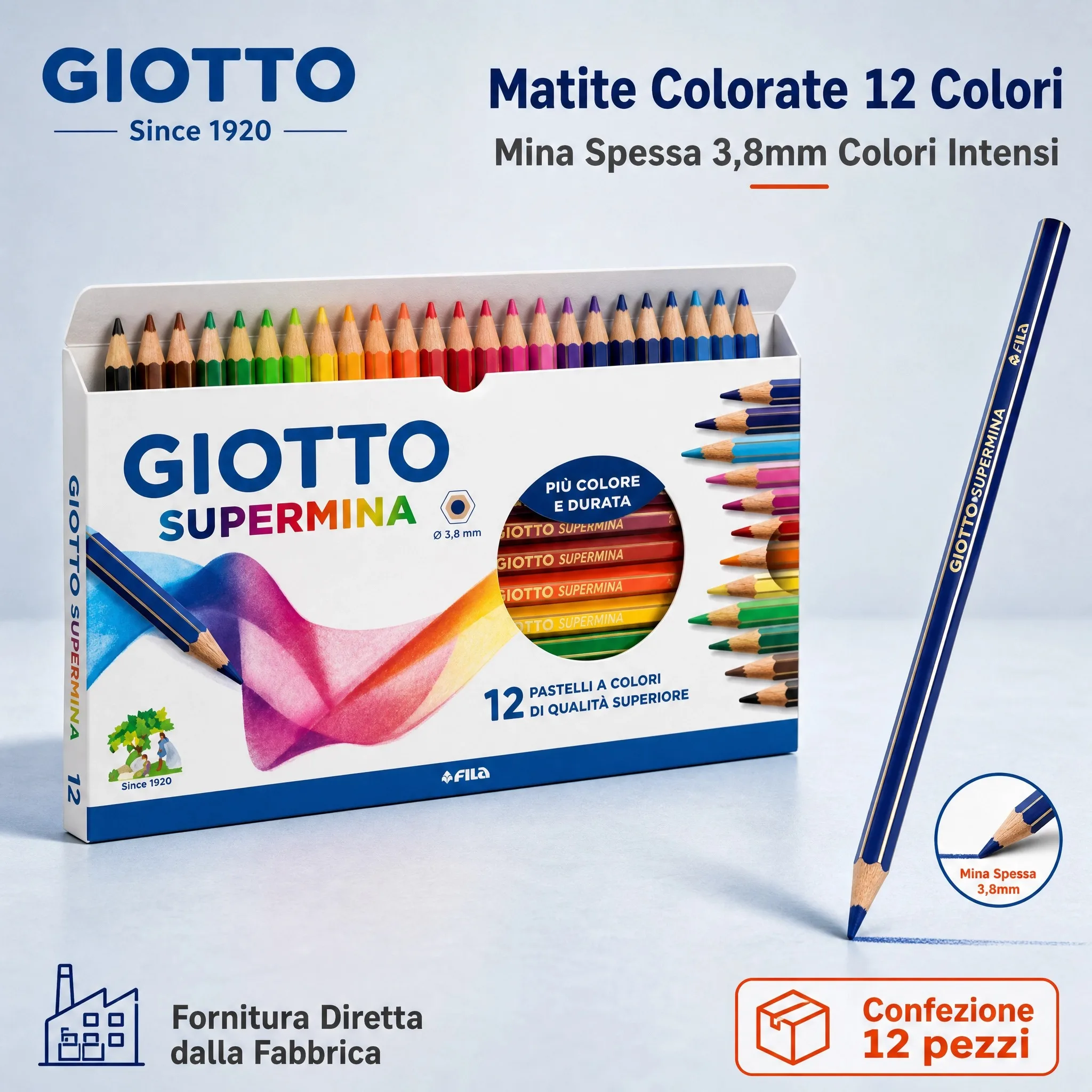 Giotto Supermina 12 Pastelli a Colori – Matite Colorate Mina 3,8 mm – Originali FILA