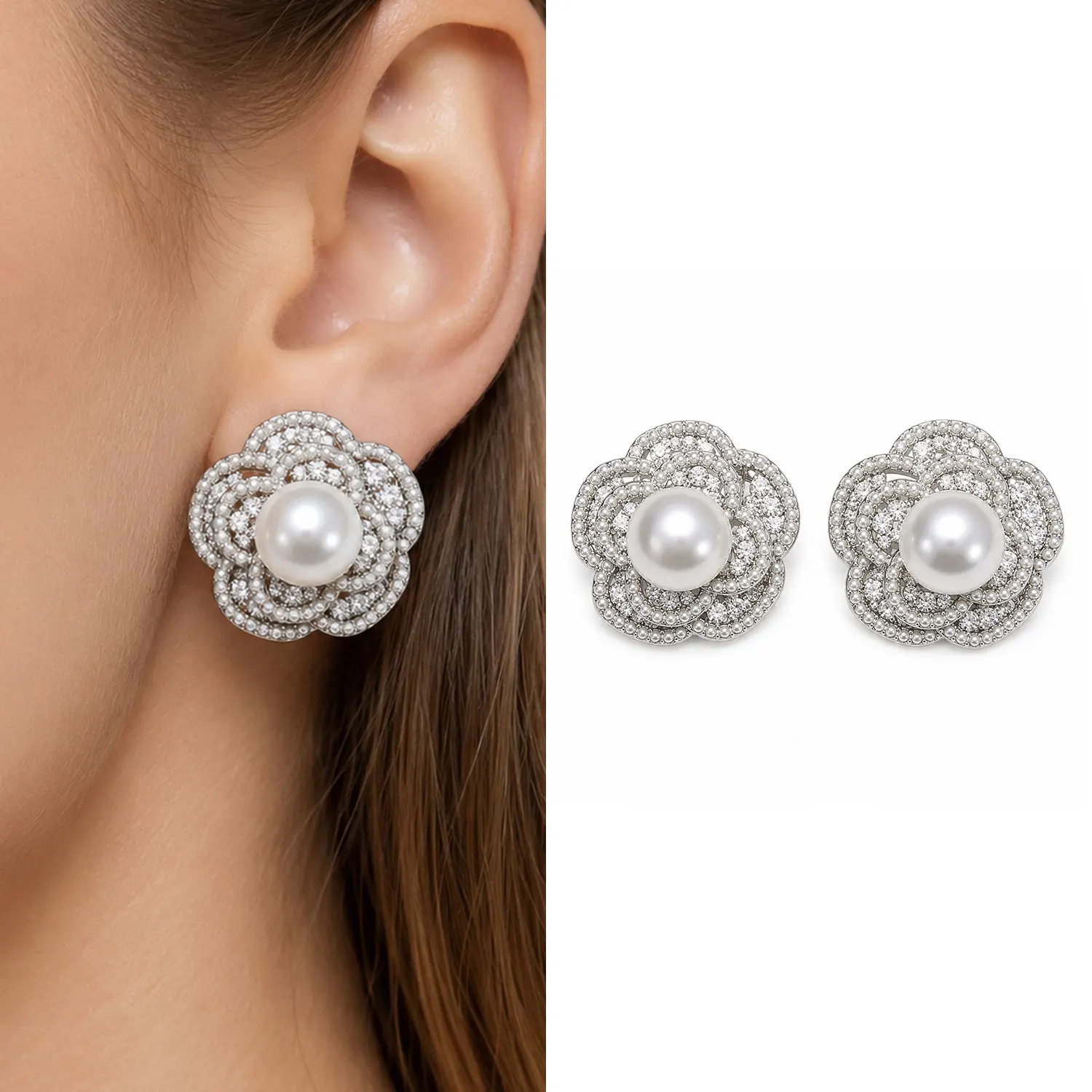 Luxury Camellia Pearl Stud Earrings for Women Cubic Zirconia Flower Earrings Elegant Wedding Party Jewelry Gift