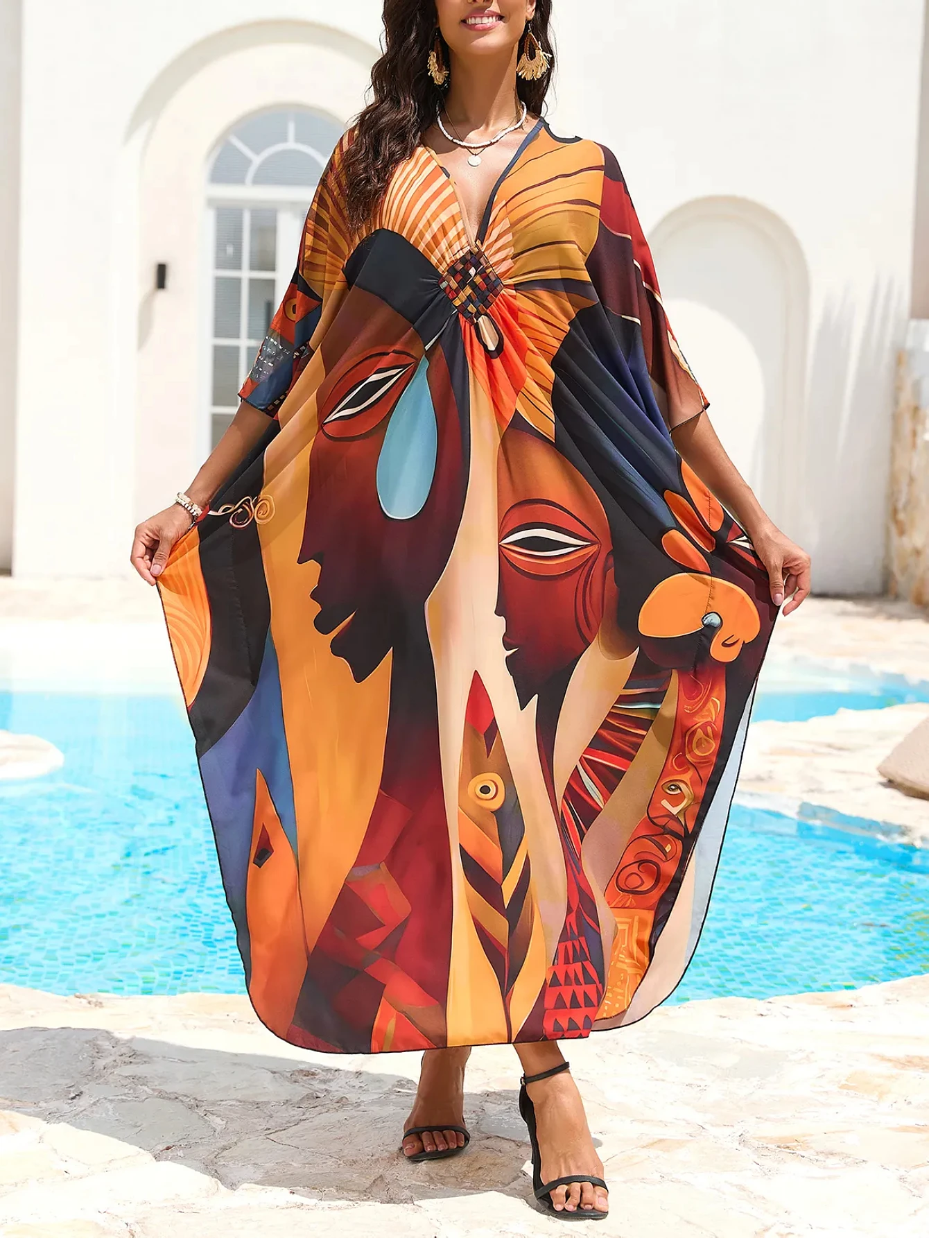 Vestidos de caftán para mujer de talla grande con cuello en V Moo Moos Batwing Kaftan Vestido de playa Traje de baño Ropa de descanso para cubrir