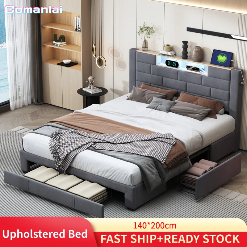 Comanlai gepolstertes Doppelbett, 160 x 200 cm, mit LED-Beleuchtung und USB-Ladeanschluss,