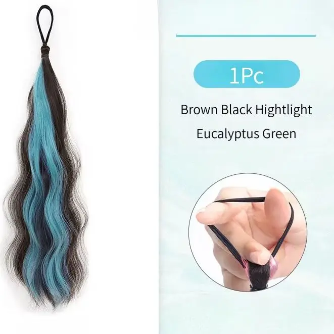 20' Long Wavy Synthetic Highlight Ponytail Hair Extensions With Elastic Rubber Band Braided Hair Bundle For Women Increase Hair