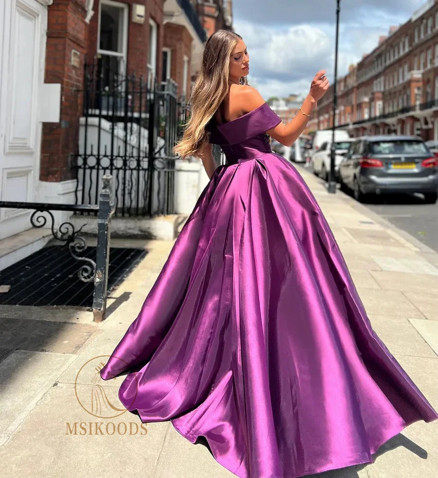 Msikoods Red Prom Dress Off Shoulder Satin Pleats Graduation Dress Evening Dress Women Elegant Princess Customizd Party Gown