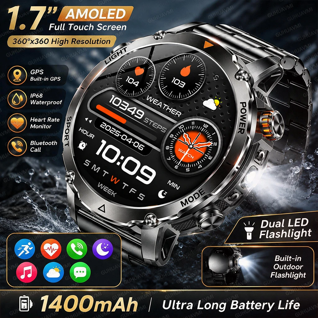 Neue 1400mAh Großer Akku Smartwatch für Männer Outdoor GPS Taschenlampe IP68 Wasserdicht Bluetooth-Anruf AMOLED Militär-Sport-Smartwatch