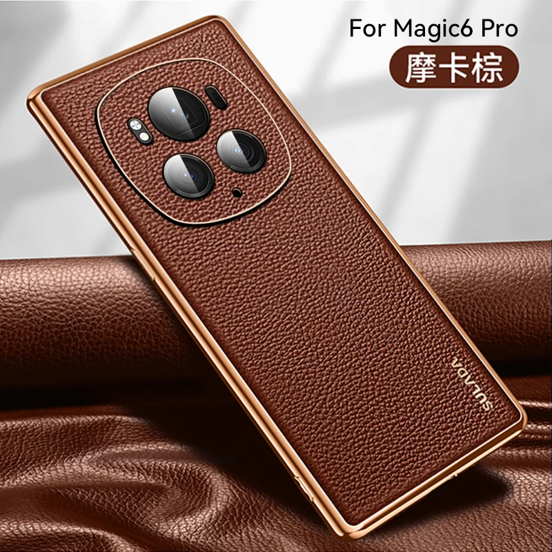 Genuine Leather Case For Honor Magic 6 Pro Case Lens Protection Cover Real Leather Phone Protector For HONOR Magic 6