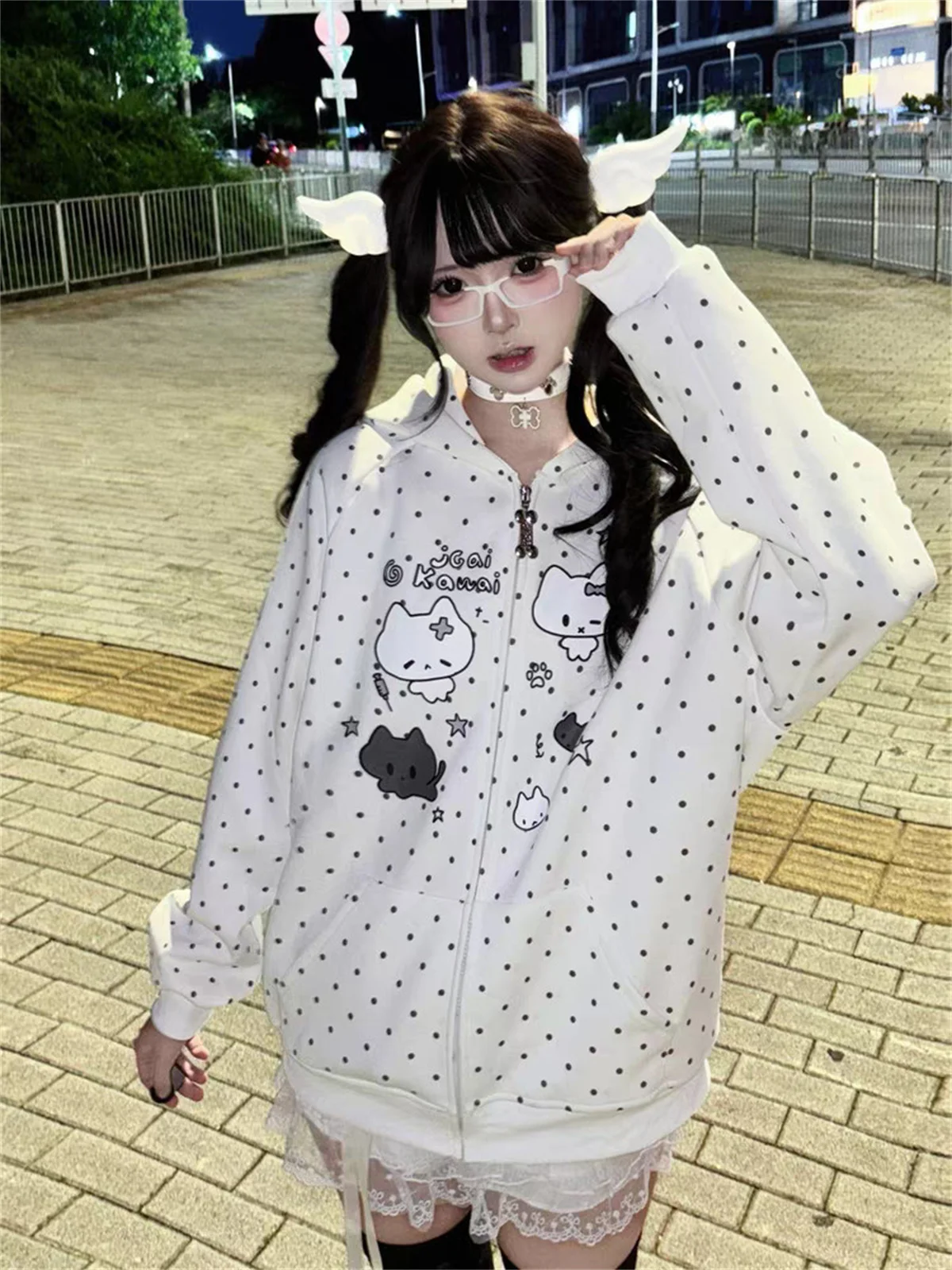 Japanische Y2k Hoodies Jacken Frauen Kleidung Polka Dot Katze Drucken Sweatshirts 2025, Ropa Mujer Casual Chic Mit Kapuze Nette Hoodie Tops