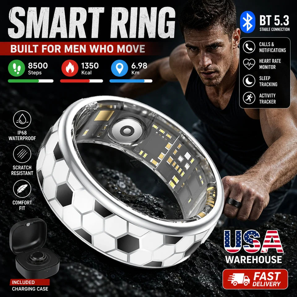 Sport Smart Ring for Men Women Waterproof Health Sport Partner Step Count Heart Rate Monitor Football Ring 100+ Sport Modes Ring With Charge Box