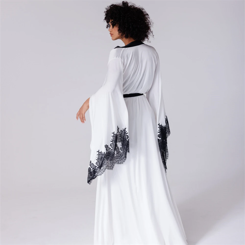 Elegant Two-pieces Black And White Long Sleeves Bride Robe For Wedding Sexy Lace Bridal Shower Dress Women Night Gwons 2024