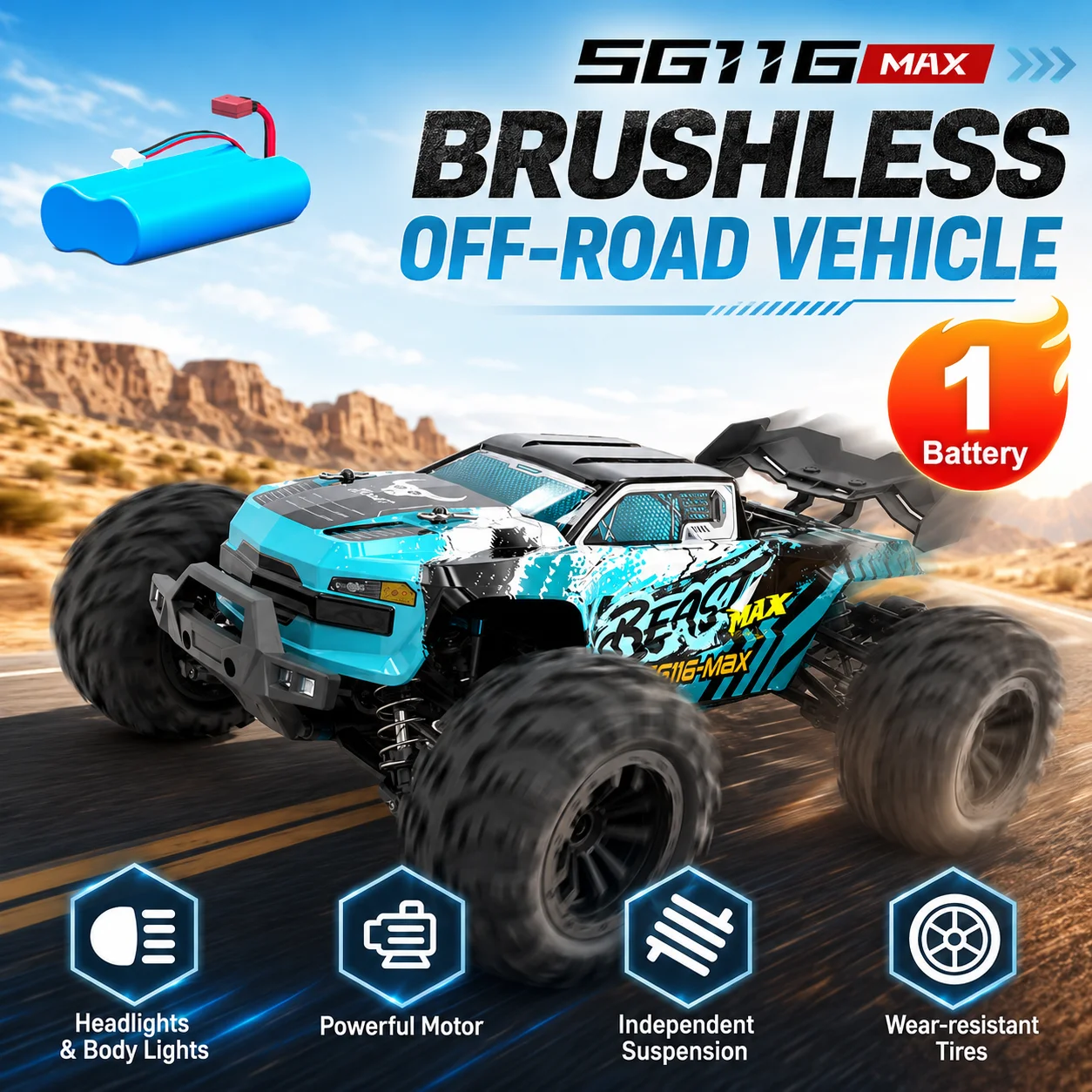 ZNLYRION RC Auto SG116MAX PRO 1:16 4WD Bürstenlos 80KM/H Hochgeschwindigkeits-Offroad-Monstertruck 2,4GHz Ferngesteuertes Auto mit LED-Licht für Kinder und Erwachsene