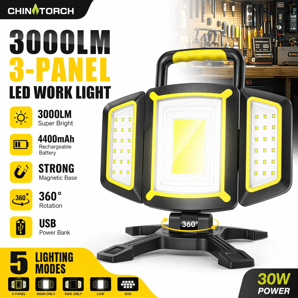 30W Rechargeable LED Work Light, 3000 Lumen Magnetic Floodlight with 5 Modes, 360° Rotate Foldable Job Site, Garage, Workshop,