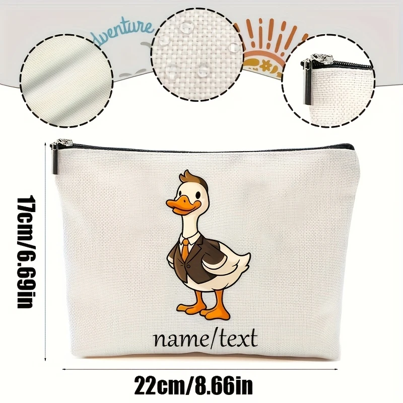 Custom Name Beige Cartoon Duck Makeup Bag Large Zipper Travel Cosmetic Organizer For Business Trips Study Holiday Gift