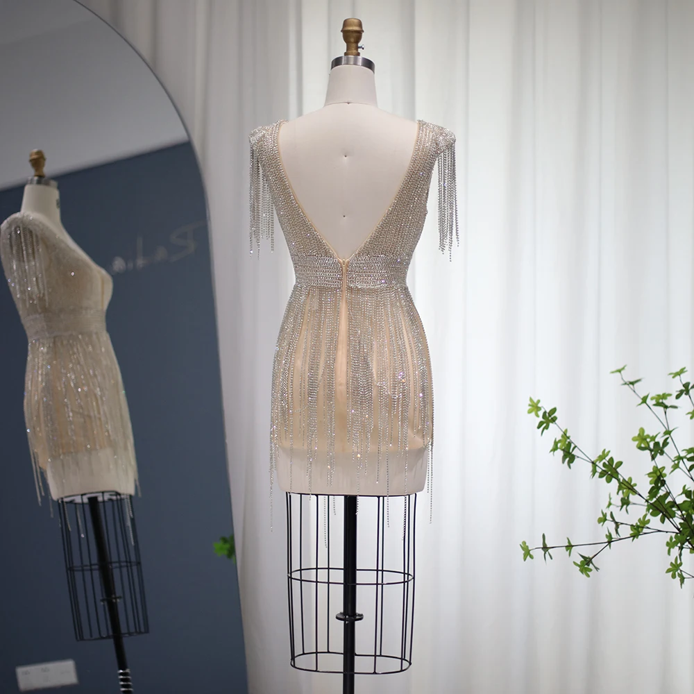 Sharon Said encantador vestido de fiesta de sirena con cuello en V desnudo con borla Mini vestidos de fiesta de noche cortos RM043 personalizado