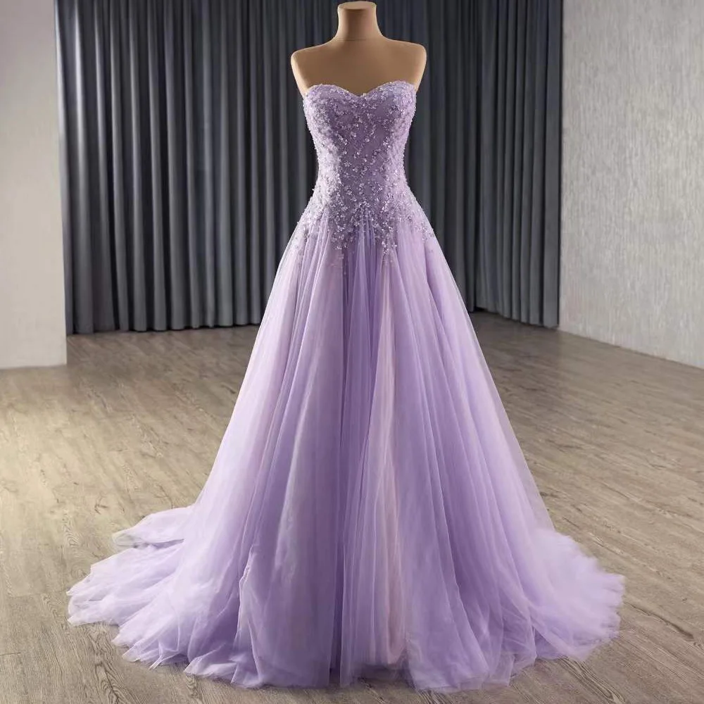 Abiti da sera viola Scollo a cuore Perline Pizzo A Line Abito da ballo donna 2025