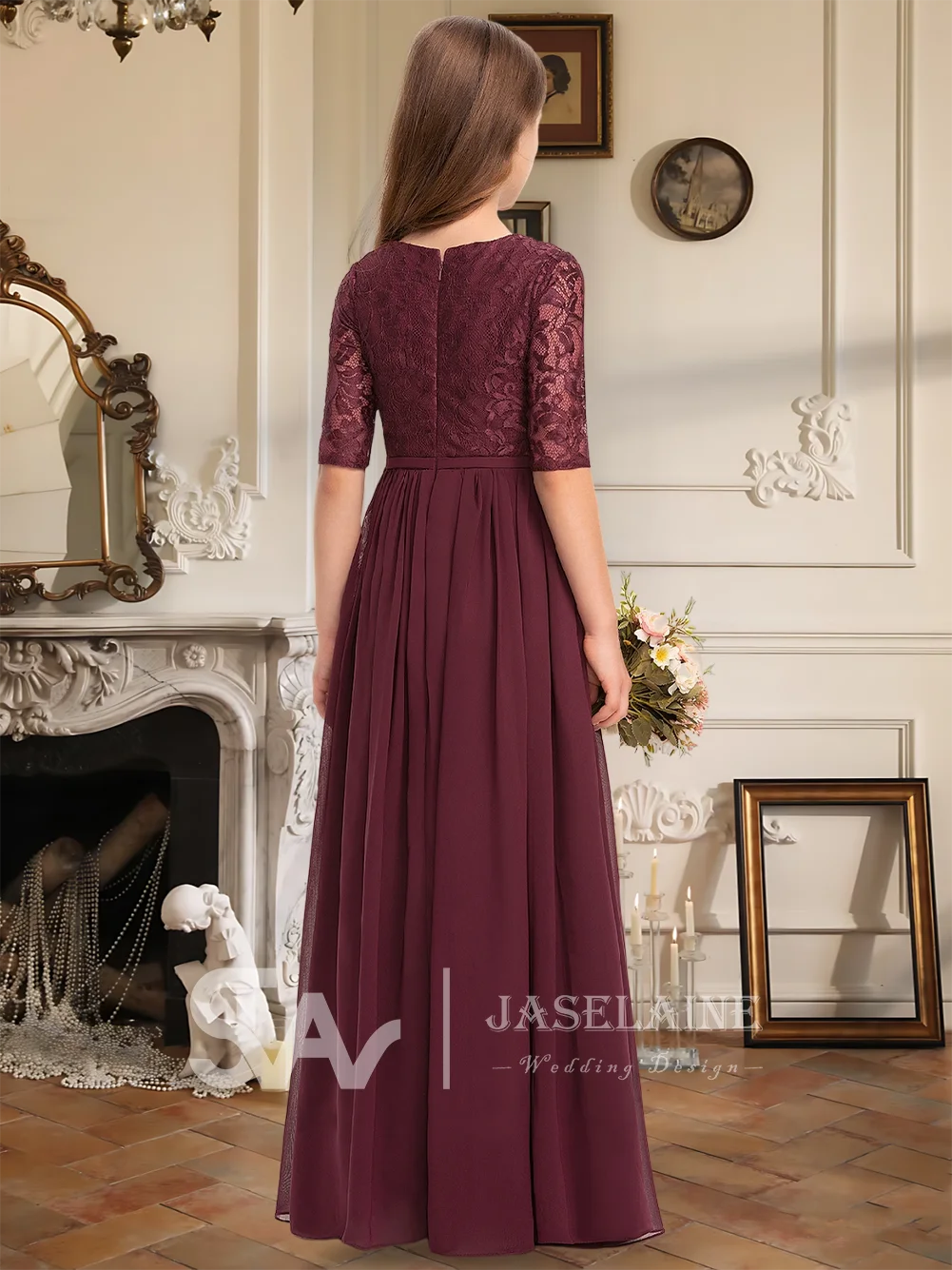 

B Kids Lace Chiffon A-Line Scoop Junior Bridesmaid Dress Floor-Length Half Sleeve Flower Girl Dress Girls Formal Wedding Party