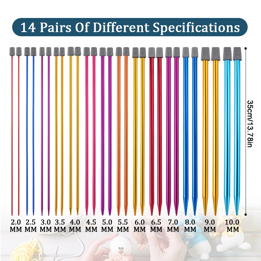 14 Pairs/Set 25cm/35cm Colored Aluminum Oxide Single-Pointed Needles for DIY Hand-Knitted Sweaters and Scarves 2.0mm-10.0mm