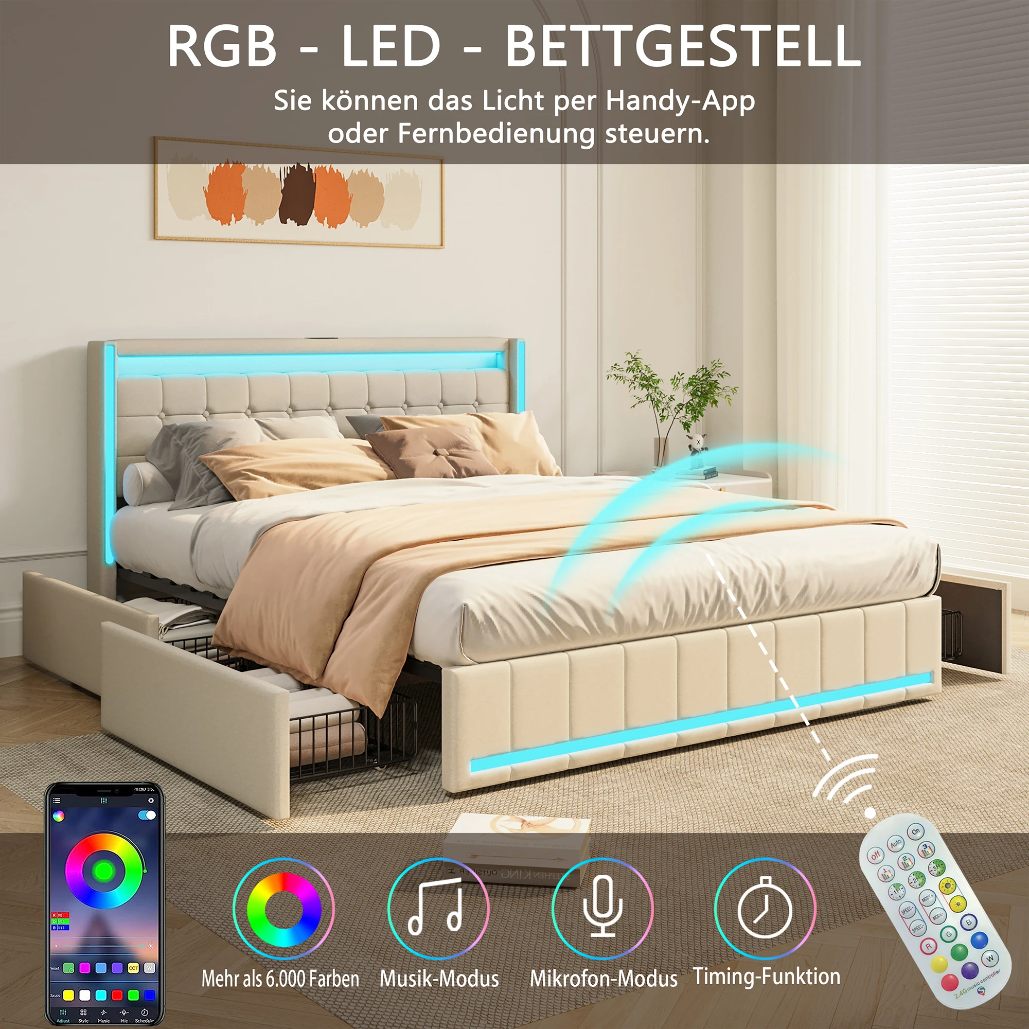 Comanlai Lit double rembourrĂ© 160Ă200 cm, lit adulte, lit jeunesse, avec LED et USB, 4 tiroirs, tĂȘte de lit avec espace de rangement en lin
