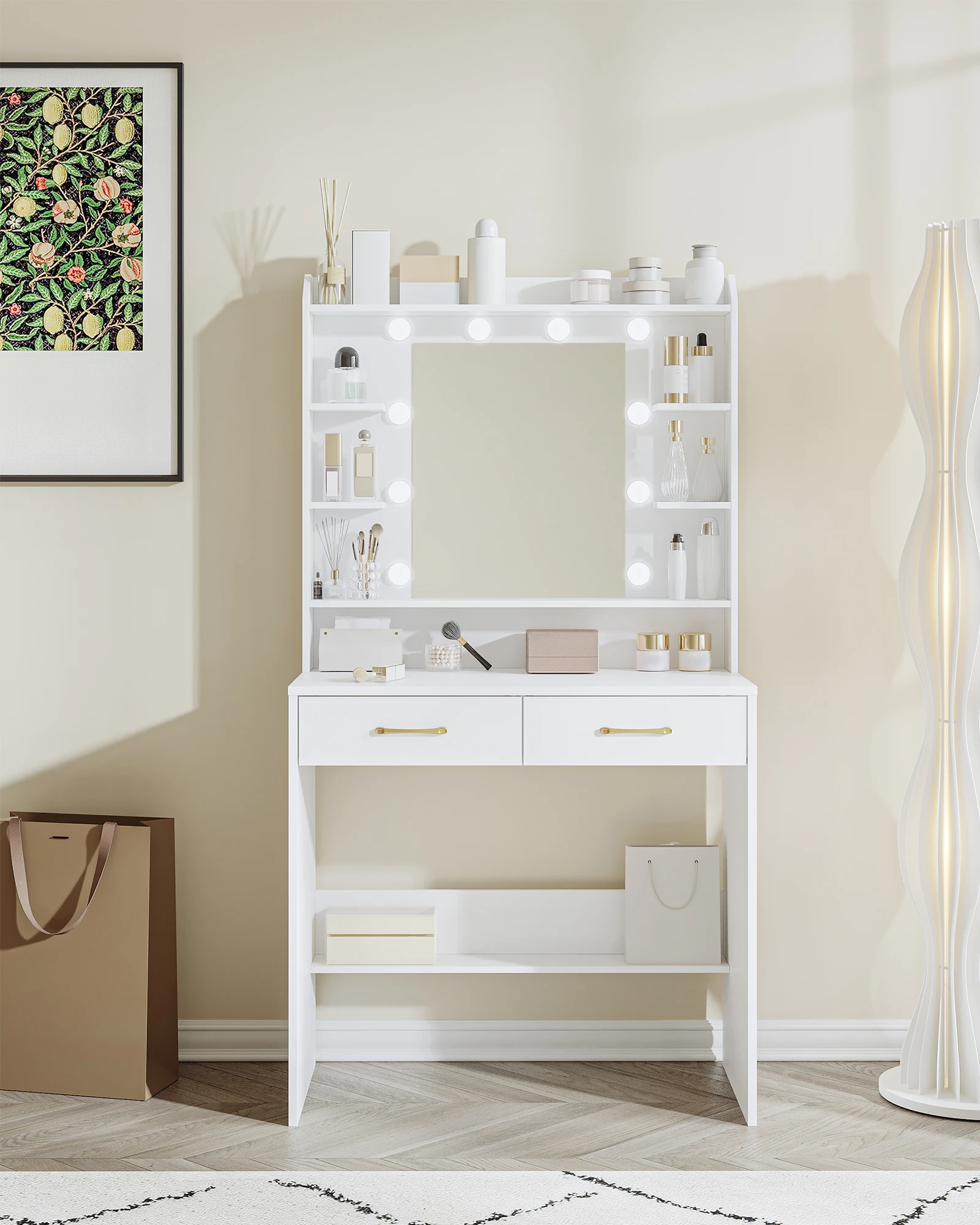 طاولة تزيين هزوانري مع مرآة، طاولة تزيين مع أرفف ودرجين لغرفة النوم وغرفة المعيشة، سطوع قابل للتعديل