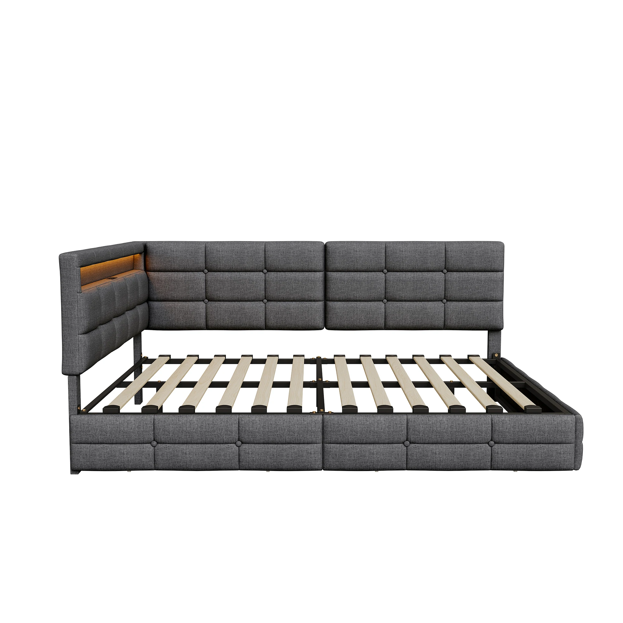 Sofa-Bett mit weicher Polsterung, 140 x 200 cm, L-förmig, aus Leinen, Doppelbett mit 2 Schubladen, geeignet für Jugendliche und Erwachsene, ohne Matratze, grau