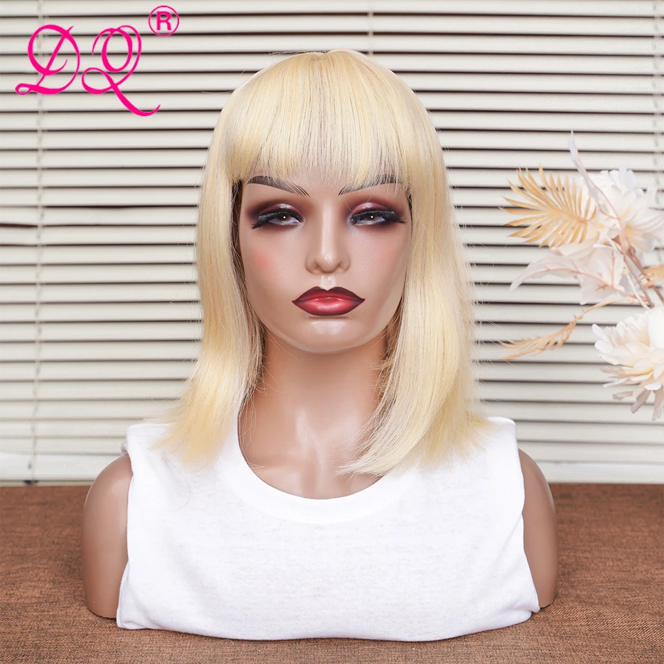 

DQ Short Cut Bob Wig with Bangs Synthetic Hair 613 Hoeny Blonde Colored Wigs for Women Heat Resistant Fiber Daily Cosplay Wig