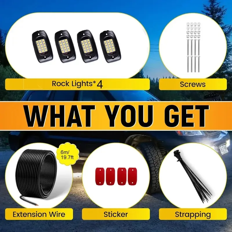 4-Pods White Rock Lights, 180-Degree Wide Angle, 6000K Pure White, 15 Bright SMD Chips, with Extension Wires, High-Adhesive Stickers Car Underglow Lights for Trucks, Trailers, SUV ATV UTV
