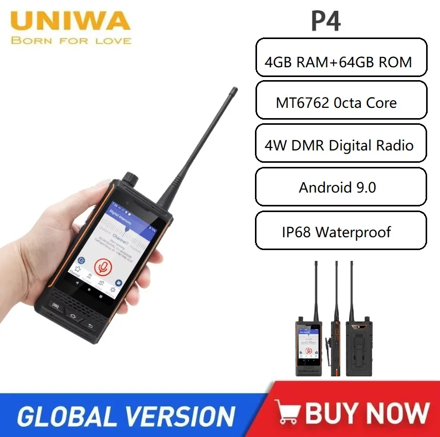 UNIWA P4 Waterproof 4G Walkies Talkies Smartphones Android 9 4W DMR Analog UHF/VHF PTT/Zello App 4GB+64GB 3000mAh Phone NFC