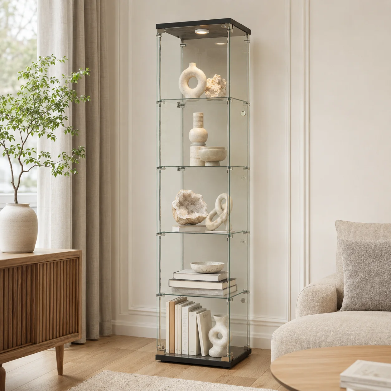 Armoire en verre avec quatre étagères, design moderne en verre et bois, 164x42,5x36,5 cm, pour bureau, salon et cuisine, en blanc