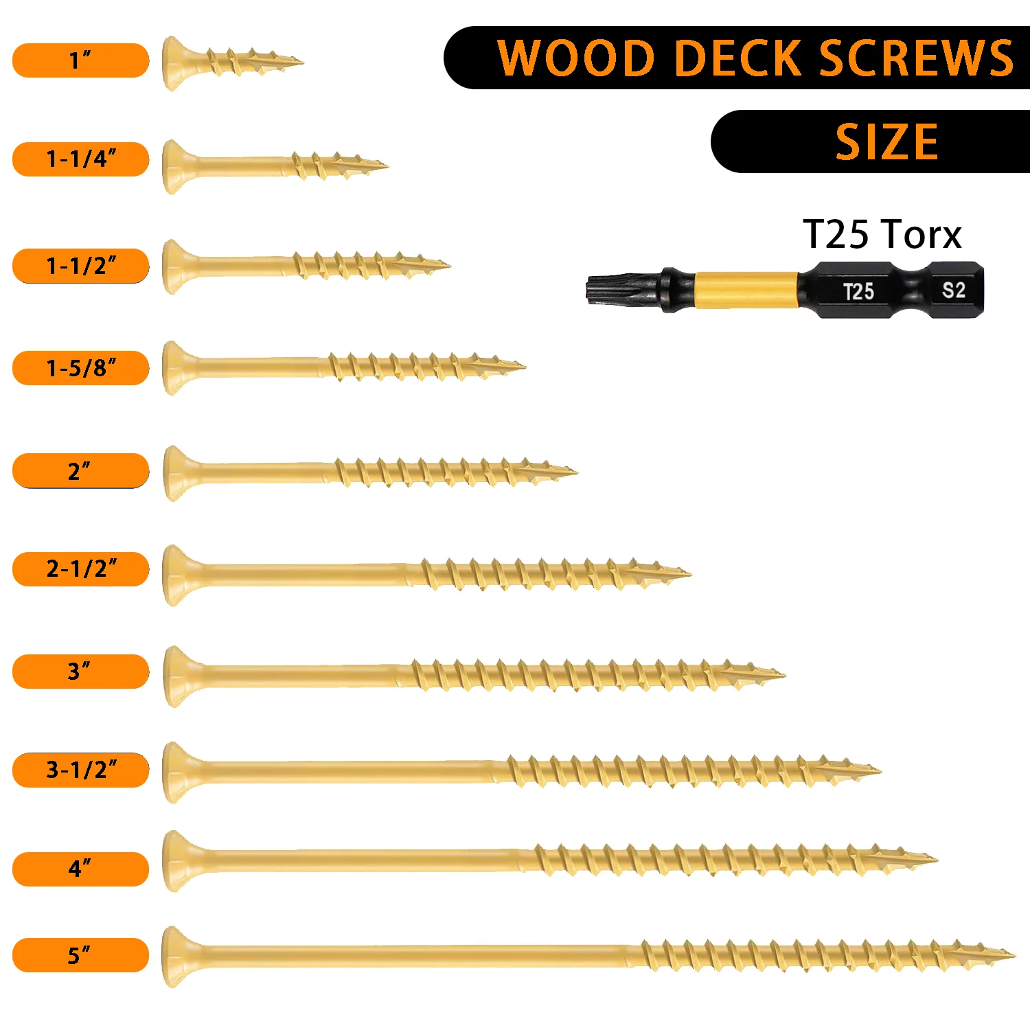 VKKM #8 x 3/4 Inch Yellow Bronze Coated Deck Wood Screws 500PCS T25 Star Drive Coarse Thread Self Tapping Screws with Bit, Outdoor Decking Fencing Garden Wood Construction Use