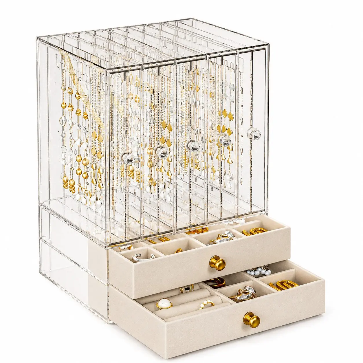 Make-up organizer, transparante sieradendoos, groot, met uitneembare compartimenten voor vrouwen, transparant materiaal, praktisch verdeeld interieur.