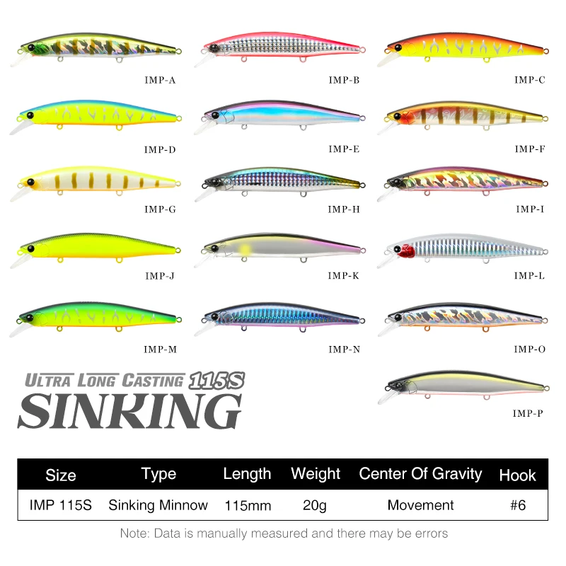 TSURINOYA 115S Sinking Minnow Fishing Lure IMP 4.53in 20g Ultra Long Casting Saltwater Artificial Hard Bait Bass Pike Jerkbait