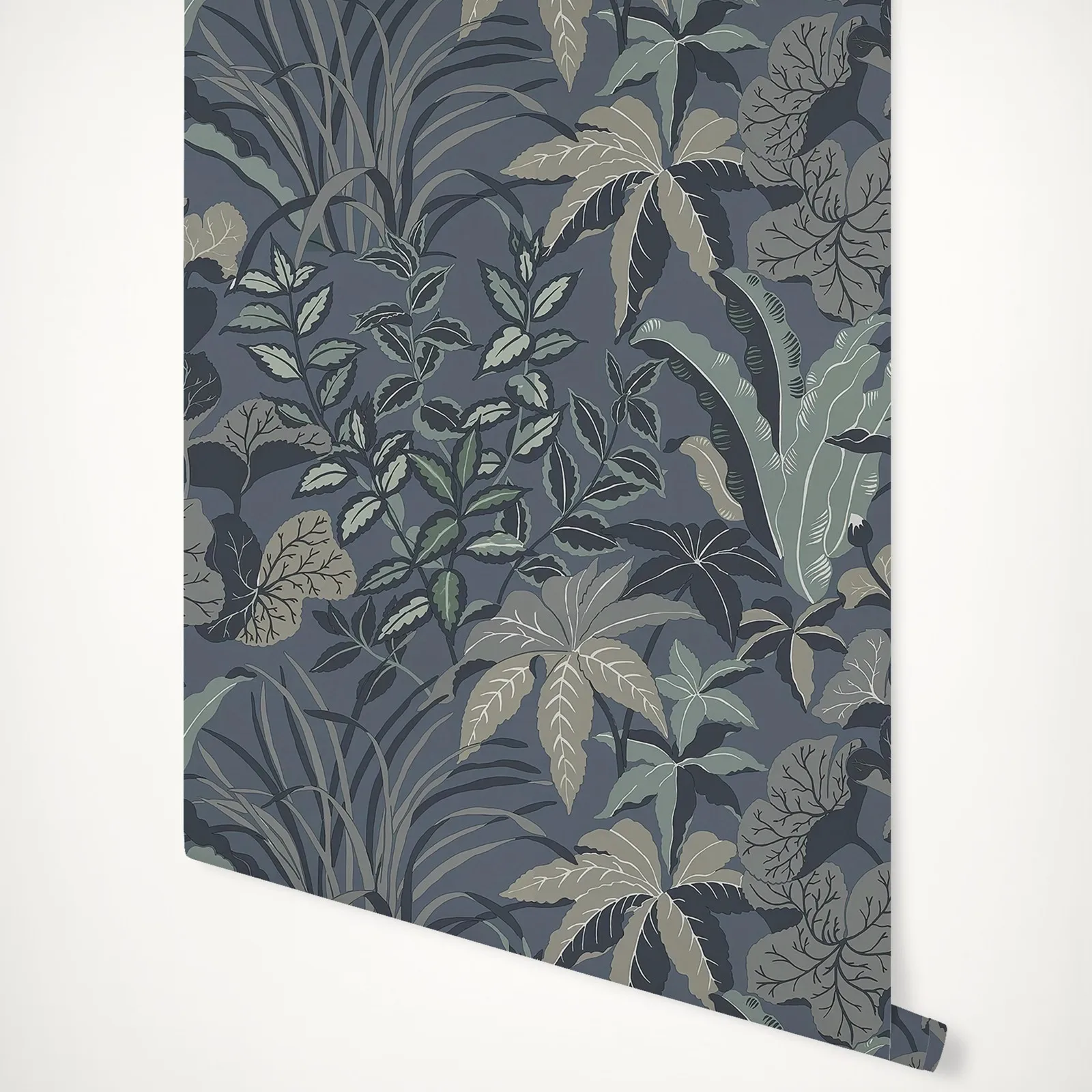 Magic Garden Wallpaper, Non-woven wall paper representing a dense vegetation with ferns in Navy