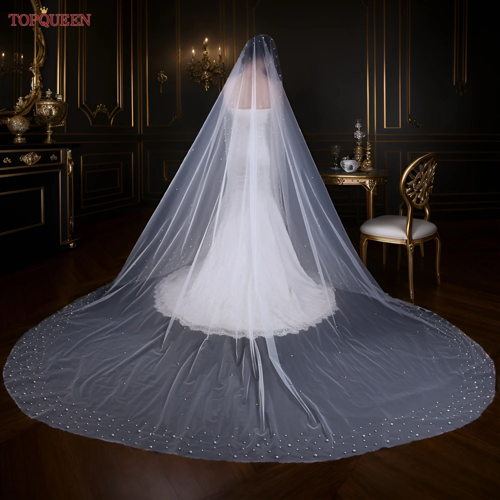 TOPQUEEN V145 Luxury Long Veil Cathedral Drop Wedding Veil with Pearls 5 Meters Wedding Veils Bridal Covers Cape Veil Off White