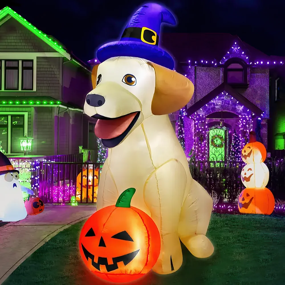 

Halloween Inflatable Dog with Build in LED Blow Up Witch Hat Halloween Decoration